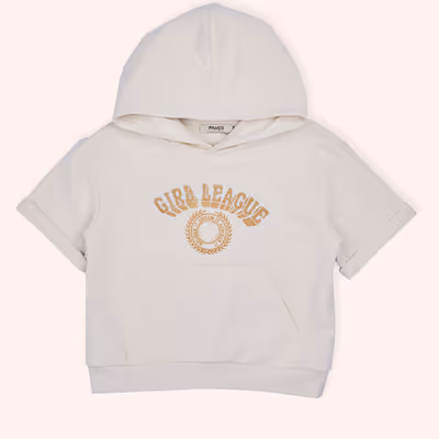 Hooded Short Sleeve Embroidered Pocket Sweatshirt-Beige-6-7 Yrs