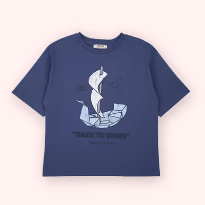 Printed Detailed Short Sleeve T-Shirt-Navy-9-10 Yrs