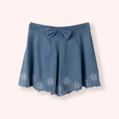 Shorts with Ribbon and Embroidery Details-Blue-11-12 Yrs